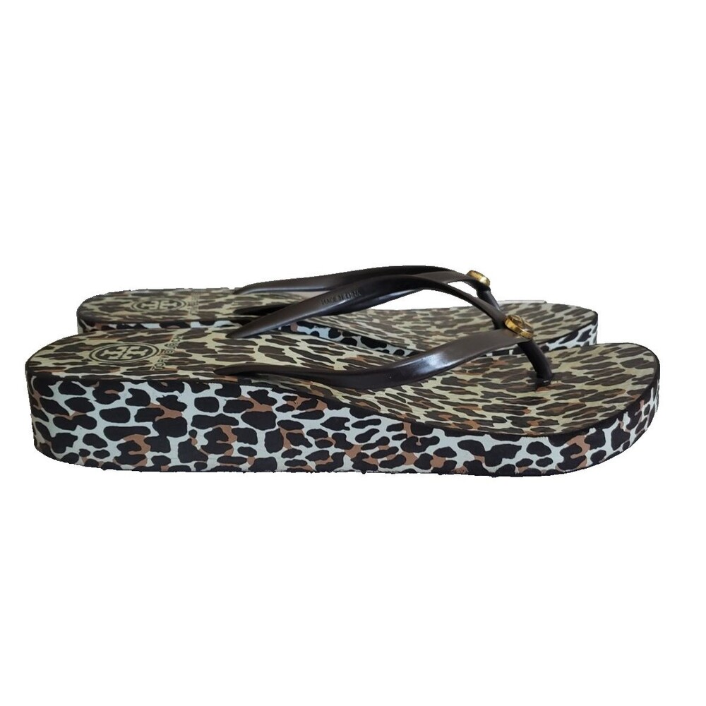 Tory Burch Thandie Wedge Flip-Flop Thong Sandals Brown-Multi Leopard Print Sz 10 - Picture 5 of 10
